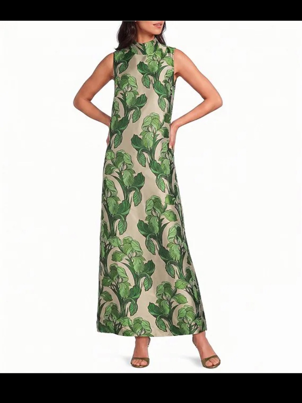 Buru Maxi Mod Printed Brocade Mock Neck Sleeveless Shift Maxi Dress